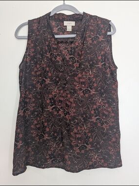 LOFT Sleeveless V-Neck Blouse Brown with Red Floral Paisley Pattern